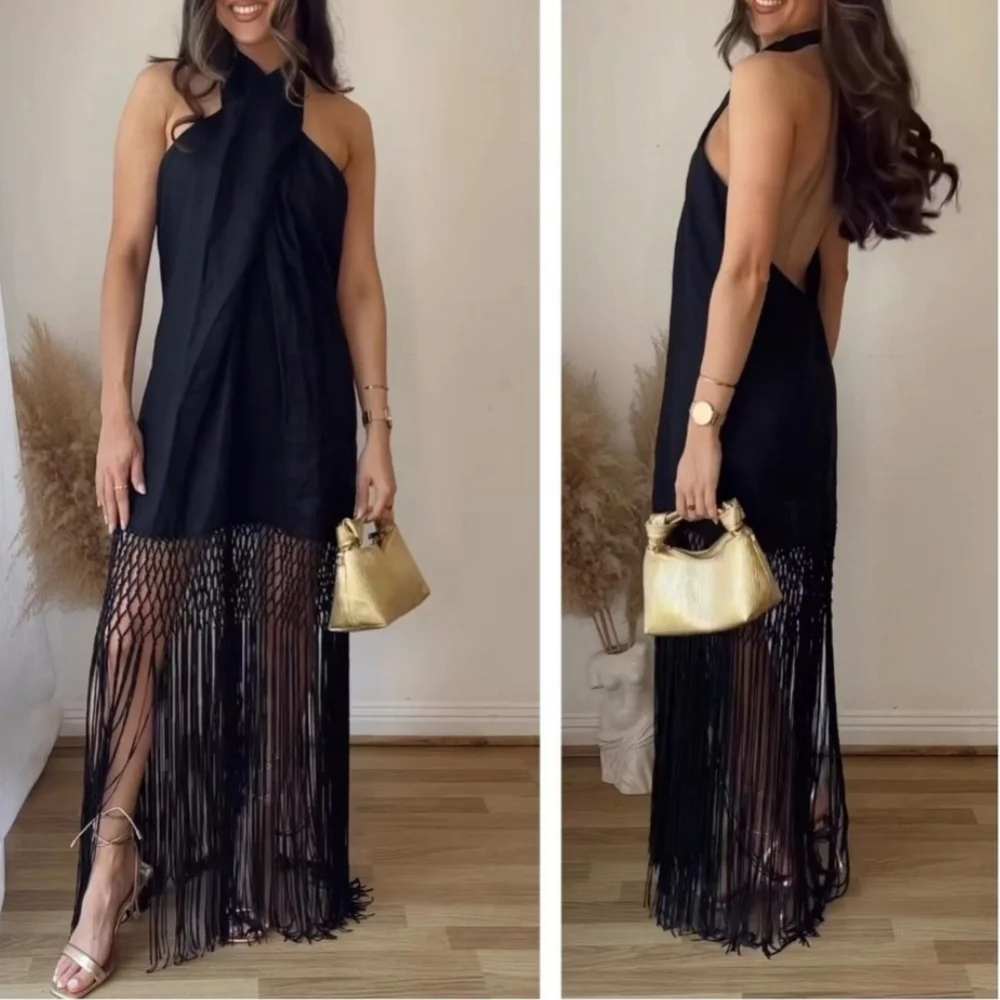 Zara halter * linen dress with fringe black size XS - Picture 16 of 16